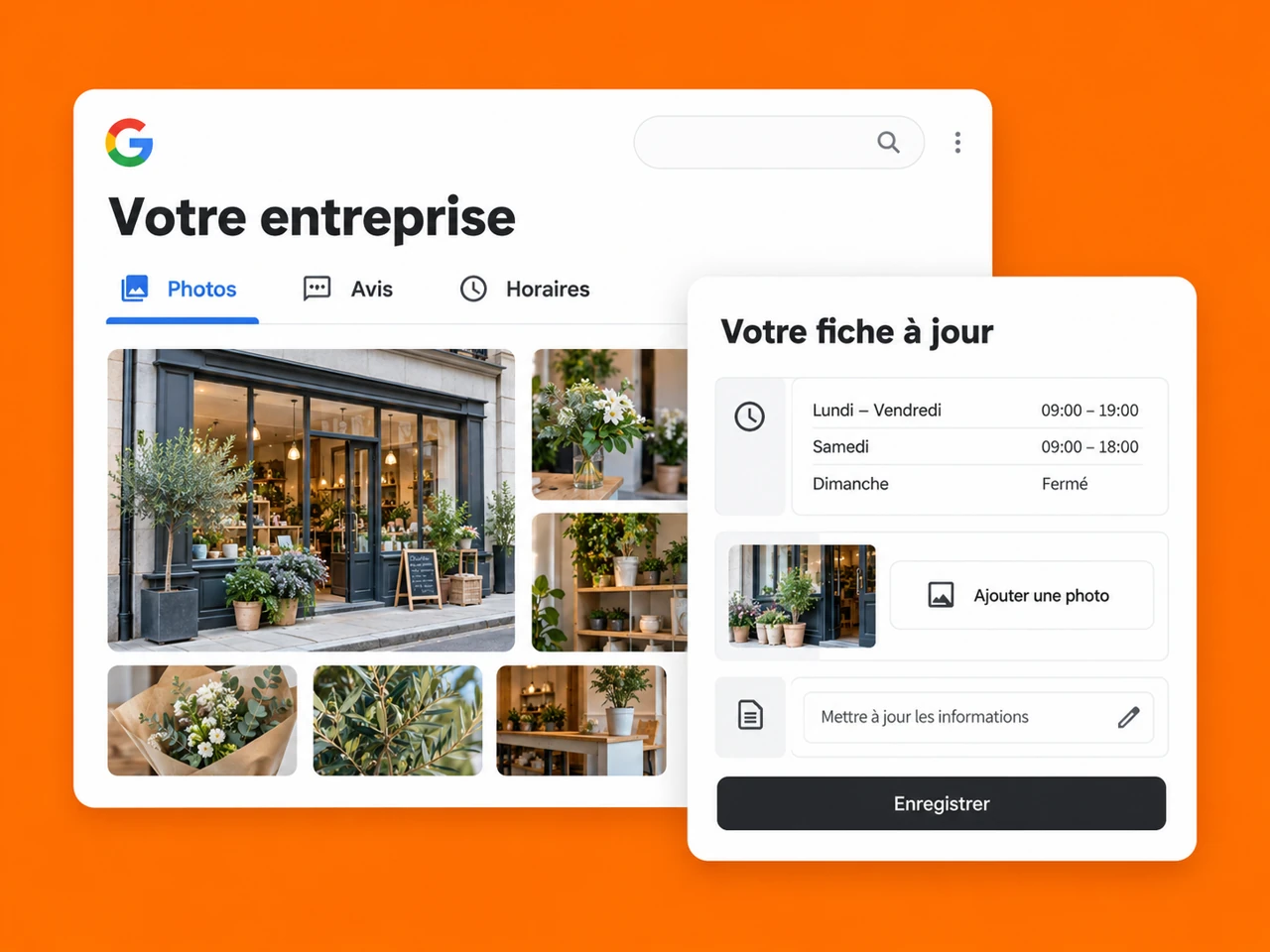 Illustration de la gestion d’une fiche Google : photos, avis et mise à jour des horaires.